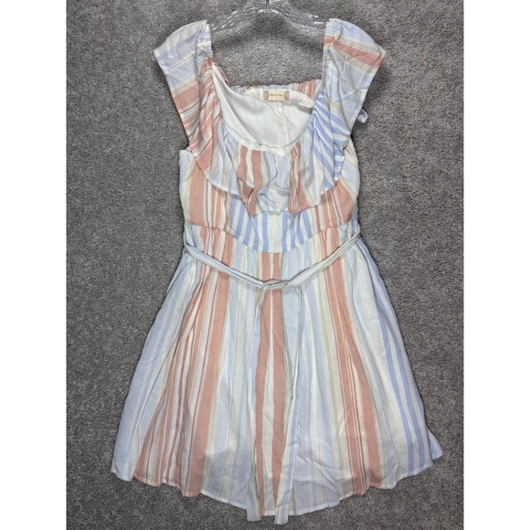 Altar'd State Pants - Altard State Striped Ruffle Cap Sleeve Tie Waist Romper Blue Pink AL-127A L